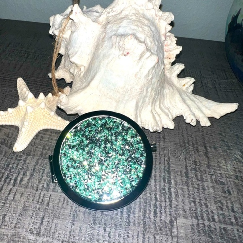 Green/Silver Rhinestone-Encrusted Compact Mirror - Dual-Sided, Foldable Mirror